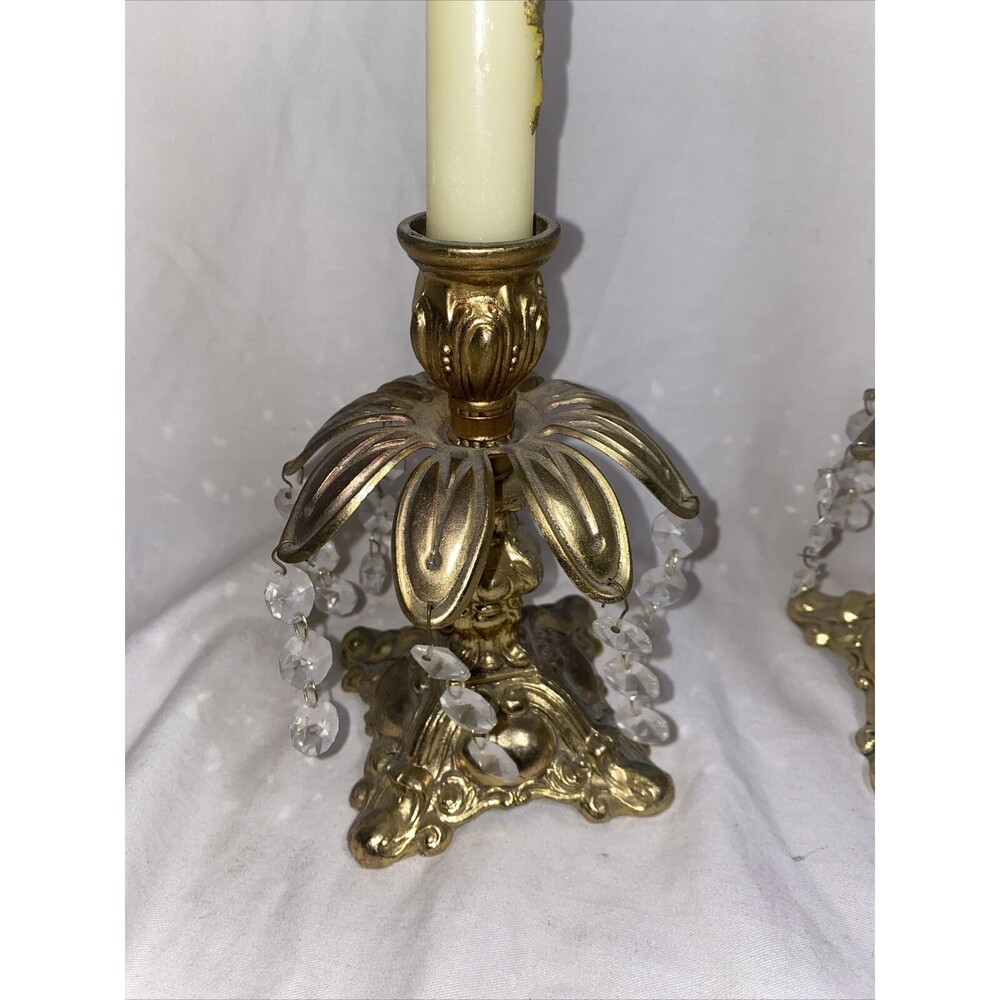 Vintage Hollywood Regency Style Ornate Gold Cast Metal Candlestick Holders Pair - Picture 7 of 11